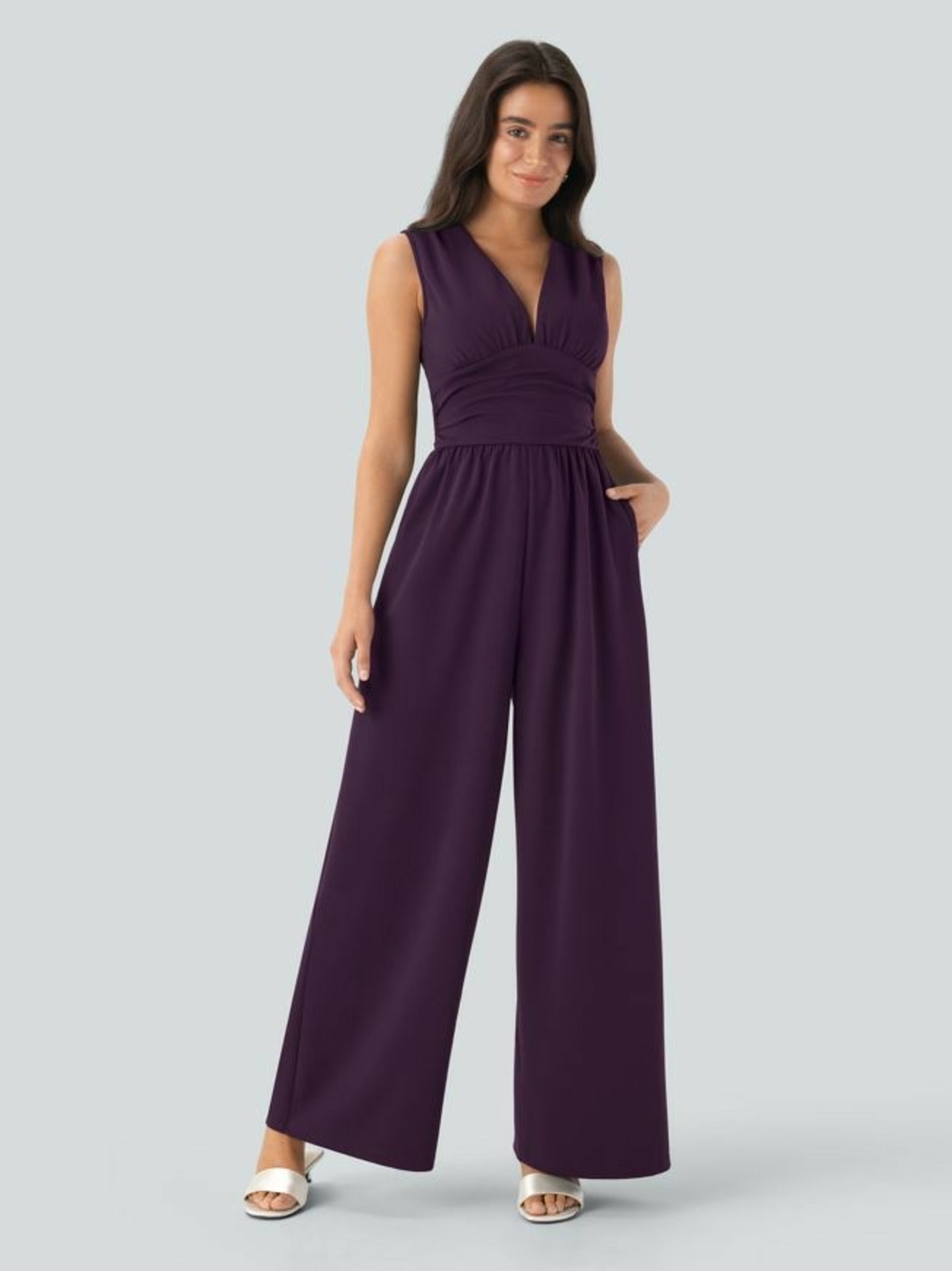 HALLARA V Neck Sleeveless Ruched Pocket Jumpsuit-Easy Peezy